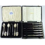 CASED SET OF 6 HALLMARKED SILVER HANDLED FRUIT KNIVES BY MAPPIN & WEBB A/F + A CASE CONTAINING 5