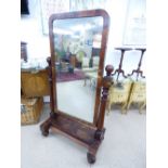 LARGE VICTORIAN, MAHOGANY CHEVAL MIRROR, ON ORIGINAL CASTERS & WITH CANDLEHOLDERS