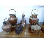 5 MIDDLE EASTERN BRASS AND COPPER CONTAINERS + 1 METAL IRON