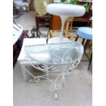 2 X RETRO STOOLS, GLASS TOPPED DEMI LUNE TABLE, & STORAGE BIN