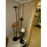 2 X WROUGHT IRON CANDLE STICKS + METAL & WOOD GIRAFFE FIGURE