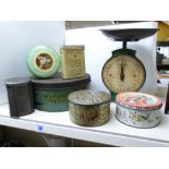 QUANTITY OF VINTAGE ADVERTISING TINS + A PAIR OF SALTER HOUSEHOLD SCALES