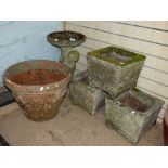 LARGE TERRACOTTA POT, 3 PLANTERS & BIRD BATH