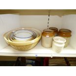 KITCHENELIA INCLUDING STONEWARE JARS + CERAMIC & ENAMEL BOWLS