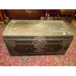 LARGE ANTIQUE PINE LEATHER COVERED STUDDED CHEST WITH INITIALS S.D & F.L