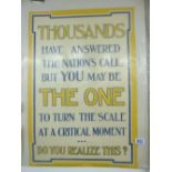 ORIGINAL WW1 RECRUITMENT POSTER, 'THOUSANDS HAVE ANSWERED THE CALL' No 94 PRINTED BY SEARGEANT