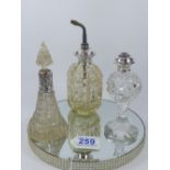 VICTORIAN SILVER MOUNTED GLASS CONICAL SCENT BOTTLE + 2 STERLING SILVER MOUNTED GLASS ATOMIZERS,