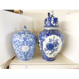 2 X BLUE & WHITE VASES WITH LIDS, DELFT & ORIENTAL STYLE