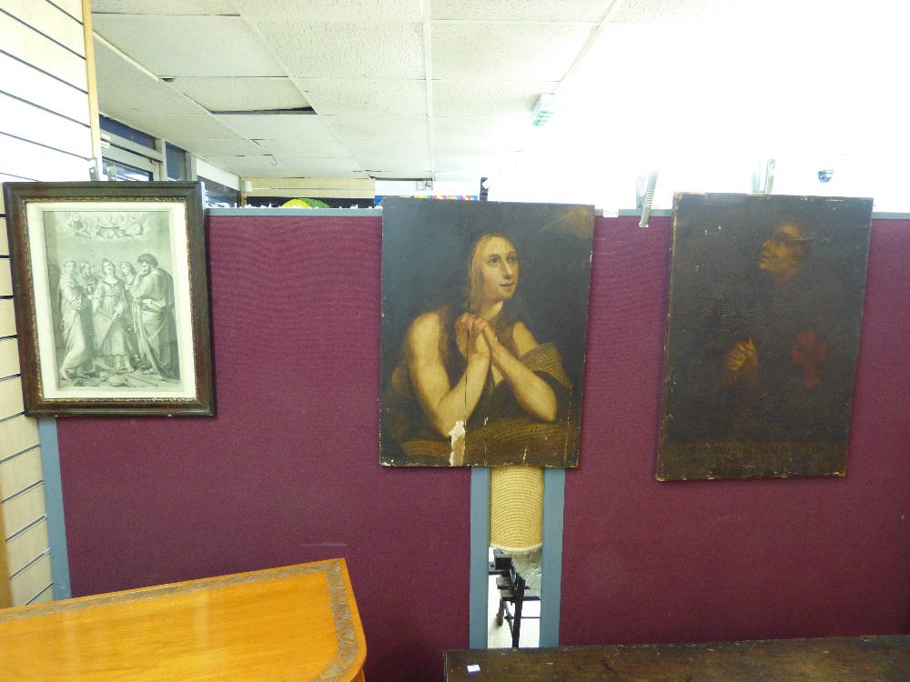 2 X EARLY OIL PORTRAITS, 1 X BOARD, 1 X CANVAS + AN ETCHING