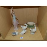 COLLECTION OF LLADRO & NAO FIGURES + POOLE GRAVY/ MINT SAUCE BOAT & STAND