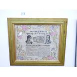 FRAMED & GLAZED SILK FABRIC 'TO COMMEMORATE THE OPENING OF THE NEW ELECTRIC TRAMS DECORATED WITH