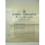 ORIGINAL WW1 POSTER 'GENERAL MOBILIZE ARMY RESERVE' PRINTED BY HAZELL, WATSON & VINEY LTD.ARMY