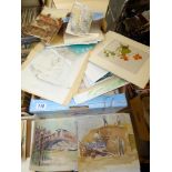 QUANTITY OF UNFRAMED PAINTING, PRINTS & SKETCHES