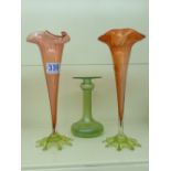 PAIR OF VICTORIAN CRANBERRY GLASS TRUMPET SHAPED VASES + IRRIDESCENT GLASS VASE 28 & 16 CMS