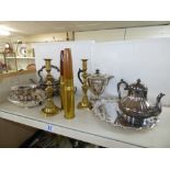 QUANTITY OF PLATED & BRASS ITEMS INCLUDING CANDLESTICKS & TEAPOT