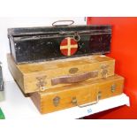 VINTAGE FIRST AID TIN + 2 X VINTAGE WOOD ARTIST BOXES & CONTENTS