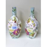 PAIR OF 19th CENTURY FRENCH POTTERY BOTTLE VASES WITH PAINTED FLOWERS & BUTTERFLIES 23 CMS