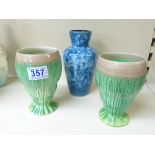 PAIR OF SHELLEY SPLASH GLAZED VASES 13CMS + WEST GERMAN SPLASH GLAZED VASE