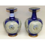 PAIR OF ROYAL DOULTON GLAZED STONEWARE BOTTLE VASES BY MAUD BOWDEN