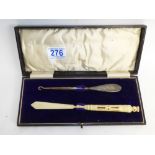 CASE CONTAINING HALL MARKED SILVER HANDLED BUTTON HOOK + BONE LETTER OPENER