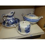 QUANTITY OF BLUE & WHITE VICTORIAN CERAMICS INCLUDING TUREEN & CHEESE PLATE WITH COVER