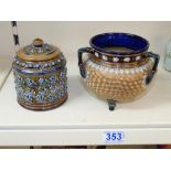 DOULTON LAMBETH LIDDED POT + A ROYAL DOULTON 3 LEGGED POT WITH CHIP TO RIM