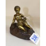 BRONZE FIGURE OF A BOY SITIING ON A BRONZED LEAD BASE