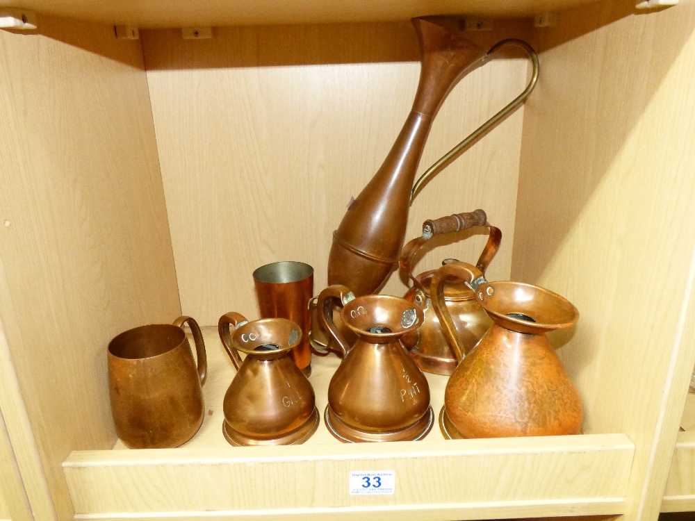 COLLECTION OF COPPER & BRASS ITEMS INCLUDING MUG MADE WITH METAL FROM THE HMS REVENGE & VICTORIAN