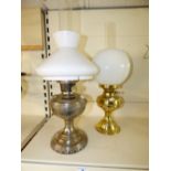 2 X OIL LAMPS, 1 X BRASS & 1 X WHITE METAL BASED
