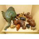 QUANTITY OF WOOD & PAPIER MACHE ELEPHANT & RHINO FIGURES