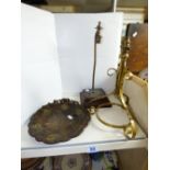 VINTAGE LAMP BASE, BRASS CEILING LIGHT FRAME & WOOD PLATED WITH METAL HANDLE & DECORATIONS