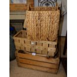 3 X WOODEN CRATES + BASKET WEAVE CONTAINER