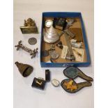 MIXED BOX OF ITEMS INCLUDING BRASS FIGURE AND A CIGAR CUTTER