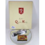 AN UNUSUAL MTC TABLE LIGHTER OF A CRUISE LINER, TOGETHER WITH A CUNARD RMS QUEEN MARY SOUVENIR BOOK