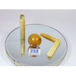 VICTORIAN IVORY BILLIARD BALL, IVORY KNIFE AND A RESIN CHINESE STYLE SEWING KIT