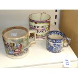 SUNDERLAND LUSTRE TANKARD INSCRIBED "BEAUMONT FOR EVER", + A PRATTWARE TANKARD AND A BLUE & WHITE