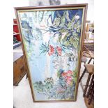 A LARGE FRAMED EMBROIDERY OF A COLOUTFUL WATERSIDE SCENE TOGETHER WITH A FRAMED OIL PAINTING,