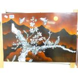 20TH CENTURY ORIENTAL LAQUER & MOTHER OF PEARL BIRD AND BUTTERFLY PANEL (59 X 39 CMS)