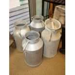 4 FRENCH ALUMINIUM MILK CHURNS, ONE LIDDED