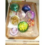 9 COLOURED GLASS PAPERWEIGHTS, 4 ARE BY CAITHNESS