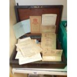 A LATE 19TH CENTURY MAHOGANY BOX WITH A SMALL SELECTION OF FAMILY EPHEMERA INCLUDING ARMY SOLDIER'