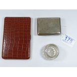 PLATED PILL BOX, SILVER RIMMED SALT AND FAUX CROCODILE CIGARETTE CASE