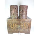 2 CHINESE CARVED BAMBOO 19TH CENTURY BRUSH POTS WITH 19TH CENTURY CARVED BOX.