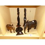 2 EBONY ELEPHANTS, A BUST AND PAIR OF FIGURES