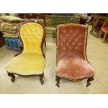 A VICTORIAN MAHOGANY SPOON BACK SLIPPER CHAIR AND ANOTHER CHAIR WITH A SCROLL BACK