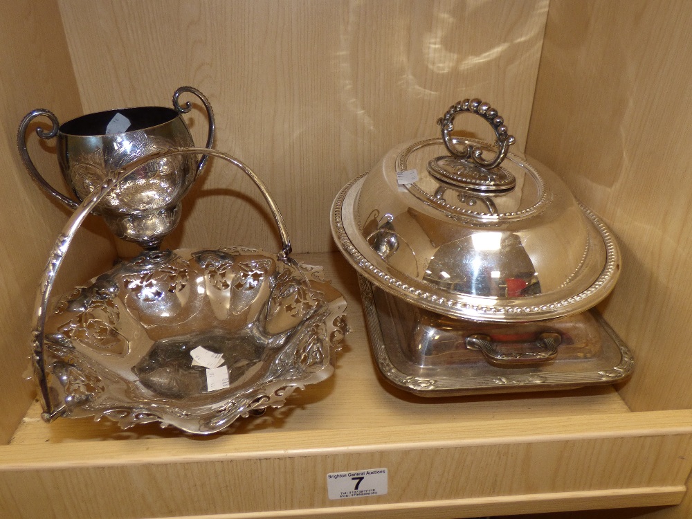 TWO SILVER PLATED CENTRE DISHES, A SWING HANDLE BASKET AND A 2 HANDLED CUP (APPROX 20CM TALL)