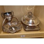 TWO SILVER PLATED CENTRE DISHES, A SWING HANDLE BASKET AND A 2 HANDLED CUP (APPROX 20CM TALL)