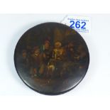 EARLY 19TH CENTURY PAPIER MACHE CIRCULAR SNUFF BOX, SCENE OF TAVERN TO FRONT, APPROX 10 CM IN