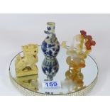 A SMALL ORIENTAL CERAMIC VASE, A STONE DOG OF FO AND A GLASS MODEL OF A VASE OF FLOWERS