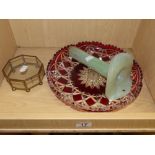 CUT RUBY FLASH GLASS TRAY, GLASS POSY AND GLASS TRINKET BOX